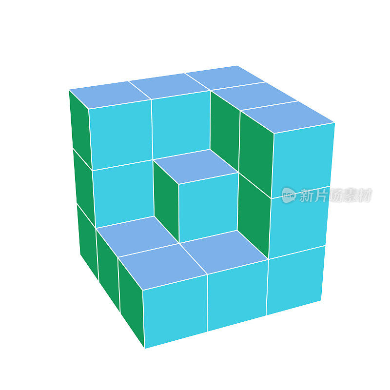 3x3x3 = 20个不同颜色的固体立方体的3D渲染，形成墙体形状。与视角。